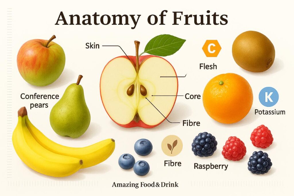"Educational infographic showing the anatomy of a fruit with a cross-section of an apple labelled with skin, flesh, core, and seeds, surrounded by fresh fruits including Conference pears, bananas, oranges, kiwi, raspberries, and blueberries, with nutrient icons for vitamin C, potassium, and fibre"

