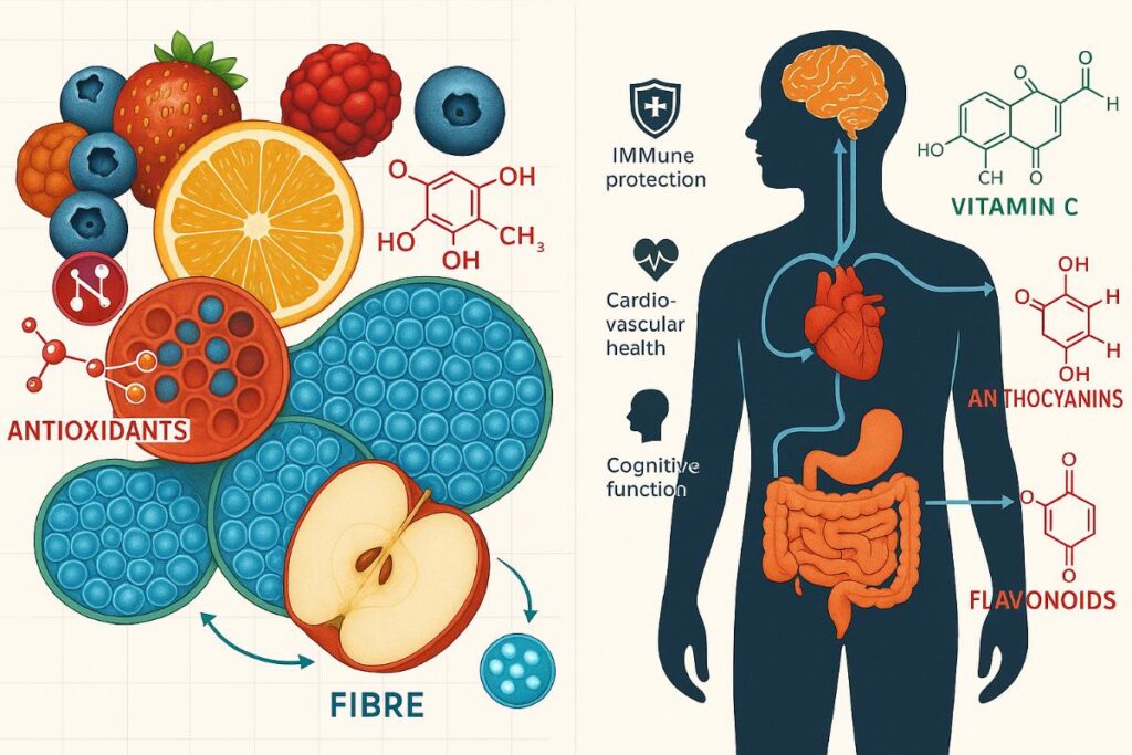 "Split-screen scientific illustration showing the molecular and cellular benefits of fruit consumption. Left side: cross-sections of fruits including berries, orange, and apple, with microscopic details of cells and labelled components such as antioxidants, anthocyanins, and fibre. Right side: simplified human body silhouette with highlighted brain, heart, and digestive system, connected to molecular structures of vitamin C, anthocyanins, and flavonoids by arrows. Icons represent immune protection, cardiovascular health, and cognitive function. Design uses a clean, medical aesthetic with blue and green accents and subtle grid lines."

