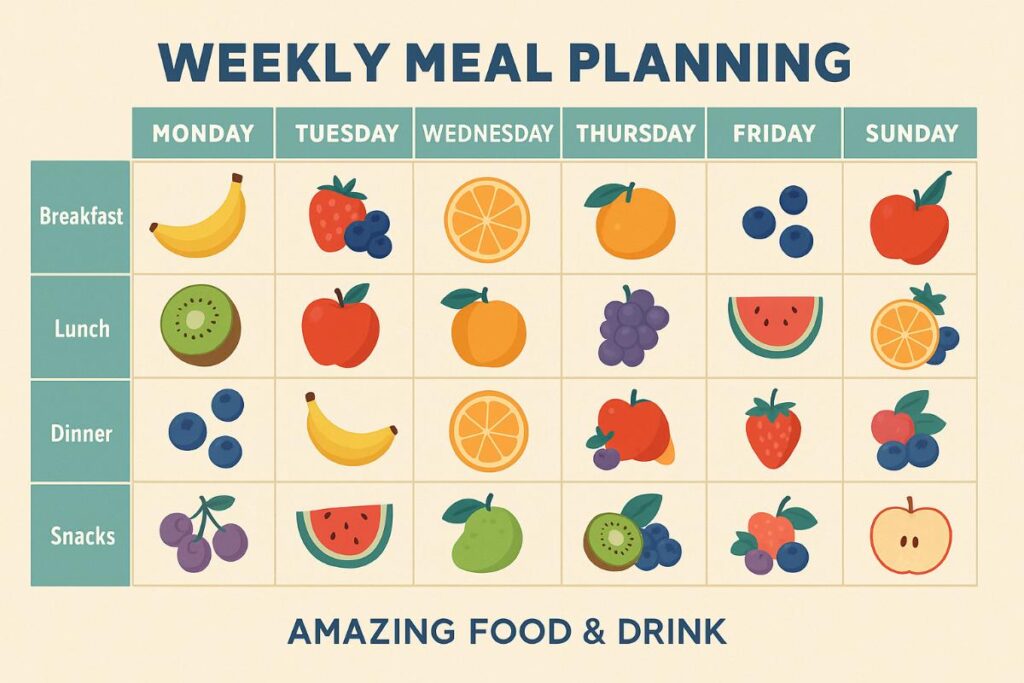 "Weekly meal planning chart for incorporating fresh fruit into meals, with a beige background and a structured grid layout. The chart includes rows for Breakfast, Lunch, Dinner, and Snacks, and columns for each day of the week from Monday to Sunday. Each cell contains colourful illustrations of fruits such as bananas, apples, oranges, kiwis, berries, watermelon, and grapes. Title 'Weekly Meal Planning' is displayed in bold blue text at the top, and 'Amazing Food & Drink' appears in the footer."

