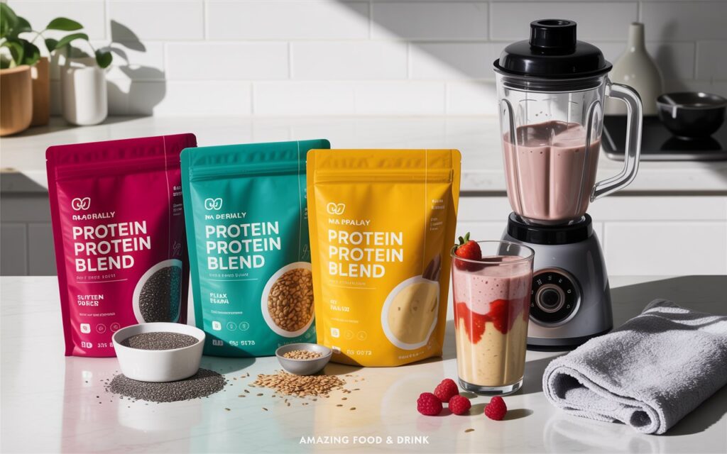 A bright and airy lifestyle photograph showcasing a curated display of protein blend packages and their wholesome ingredients. Three branded protein powder packages – one crimson, one teal, and one sunny yellow – are arranged on a clean white kitchen counter, with their contents of mixed chia seeds, flax grains, and vanilla protein powder artfully spilled beside them. A sleek silver blender sits to the right, holding a frothy strawberry-banana protein shake in a clear glass, alongside a few scattered raspberries and a neatly folded grey fitness towel. The image is styled like contemporary Instagram food content with "Amazing Food & Drink" subtly displayed in small white text at the bottom, bathed in soft natural light to convey a healthy and energizing morning routine.