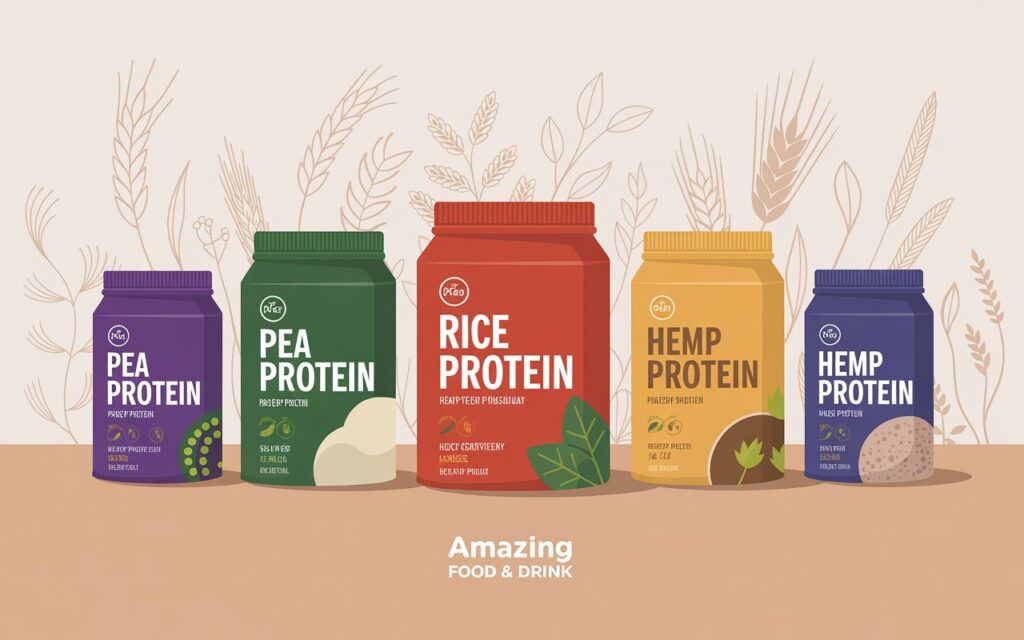 A clean and modern product showcase illustration displaying a curated selection of sustainable protein powder brands popular in the UK and Irish markets, featuring their distinctive packaging. Each protein powder container is clearly visible, showcasing ingredient highlights like "Pea Protein", "Rice Protein", and "Hemp Protein" with minimalist typography. The background consists of a soft, textured beige surface with subtle botanical illustrations of wheat, flax, and other plant-based ingredients. A discreet footer reads "Amazing Food & Drink" in a simple sans-serif font.