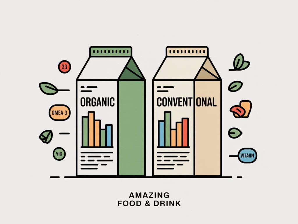 ""Comparison of organic vs conventional dairy showing nutrient content differences in omega fatty acids and vitamins" with "Amazing Food & Drink" at the footer in a small text