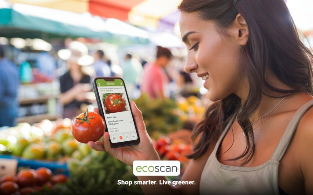 "Shopper using a mobile app to scan product information about sustainability and origin at a local market"