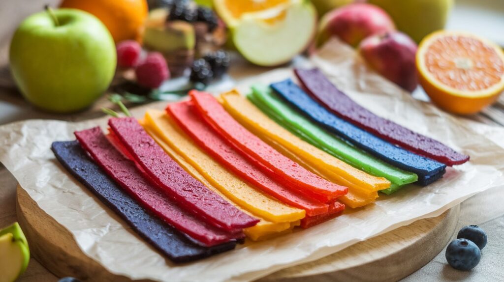 How to Make Homemade Fruit Leather: Healthy Natural Snacks Homemade Fruit Leather,fruit roll-ups,fruit leather A photo of colourful strips of homemade fruit leather in various flavours laid out on parchment paper. There are red, orange, yellow, green, blue, and purple strips. In the background, there are fresh fruits like apples, oranges, and berries. The parchment paper is on a wooden board. The background is blurred.