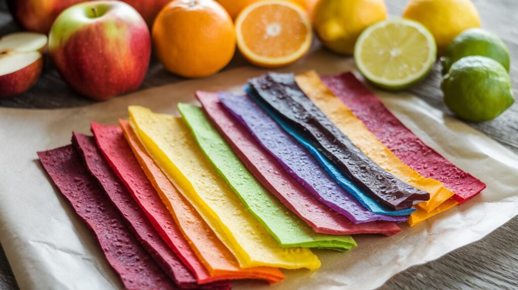 How to Make Homemade Fruit Leather: Healthy Natural Snacks Homemade Fruit Leather,fruit roll-ups,fruit leather A photo of colourful strips of homemade fruit leather in various flavours laid out on parchment paper. There are also fresh fruits in the background. The fruit leather has a variety of colours, including red, orange, yellow, green, blue, and purple. The fresh fruits are apples, oranges, lemons, and limes. The background is a wooden surface.
