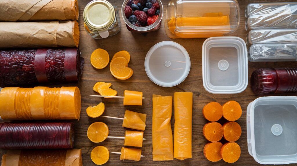 How to Make Homemade Fruit Leather: Healthy Natural Snacks Homemade Fruit Leather,fruit roll-ups,fruit leather A photo of various storage methods for fruit leather. There are rolled fruit leather, cut shapes, and different container options such as glass jars, plastic containers, and plastic wrap. There are also serving suggestions such as a fruit leather roll-up on a stick. The background is a wooden surface.