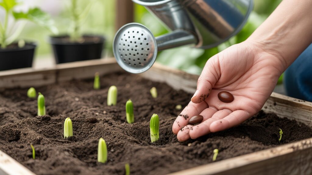 A photograph depicting a close-up step-by-step guide showing "courgette seeds being sown and young seedlings emerging from soil." Several small, dark brown courgette seeds are nestled within a bed of rich, dark soil, with a few tiny green seedlings just beginning to sprout. A small hand wearing a gardening glove gently presses the soil around the seeds, with a watering can slightly blurred in the background, poised to nourish the developing plants. Soft, natural light illuminates the scene, highlighting the delicate textures of the soil and the vibrant green of the emerging seedlings.