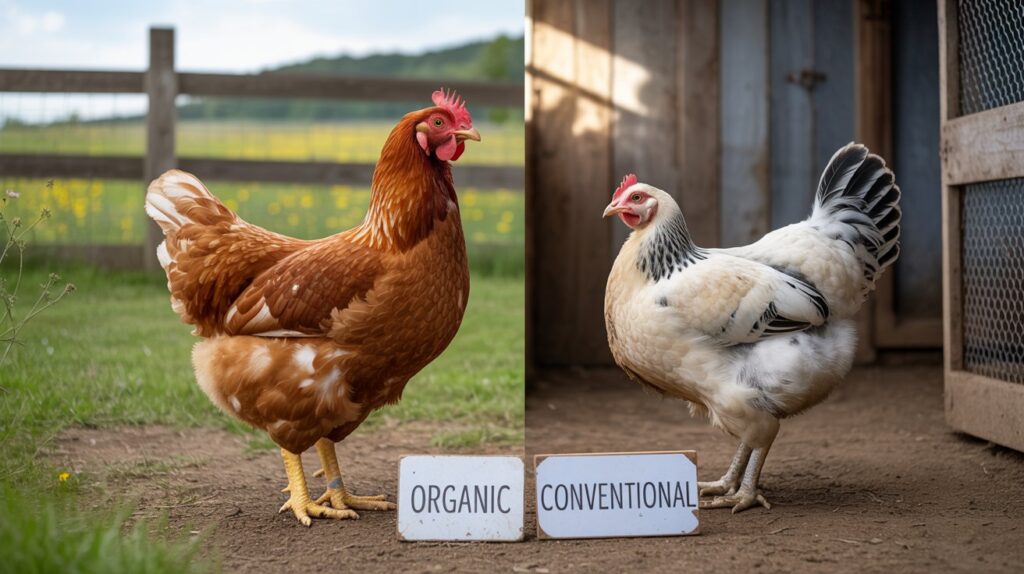 A photograph depicting a side-by-side comparison of an organic versus a conventional chicken. The organic chicken, a Rhode Island Red, stands proudly in a sunny pasture, displaying vibrant red feathers and a healthy posture, while the conventional chicken, a white Leghorn, is shown in a more cramped indoor setting with duller feathers. A sign reading "Organic" and "Conventional" respectively sits beside each chicken. The backdrop features a rustic wooden fence with wildflowers on one side and a sterile, wire-mesh coop on the other, illuminated by soft natural light.