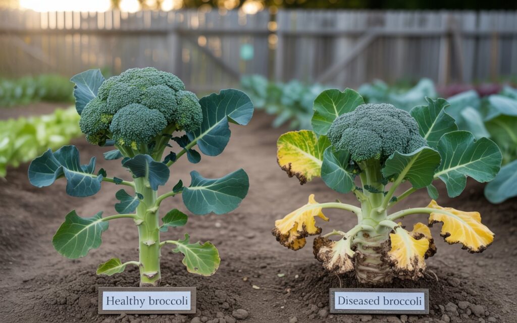 "Comparison of healthy broccoli plants next to those with common problems like yellowing leaves, pest damage, and clubroot symptoms"