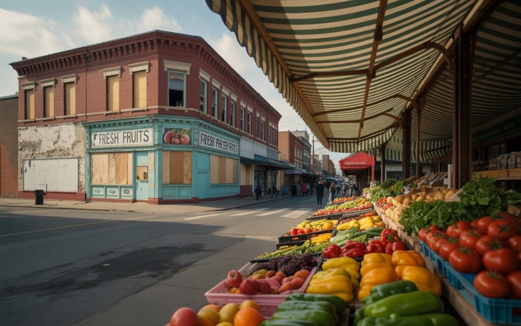 "Urban food desert with limited access to fresh produce contrasted with a vibrant local farmers market"
