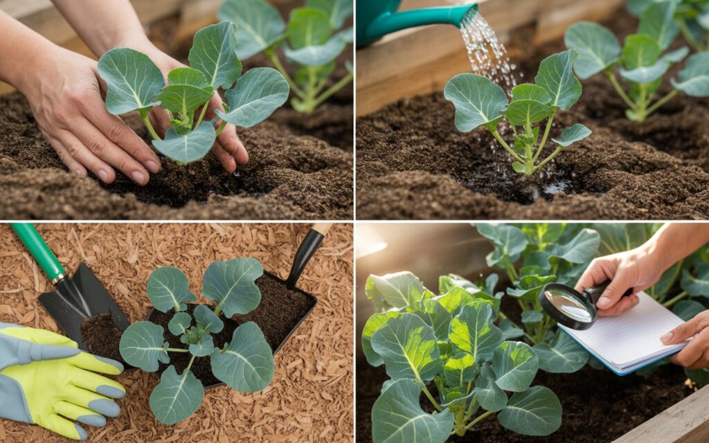 "Sequence showing broccoli being planted, watered, mulched and inspected for pests with various gardening tools visible"