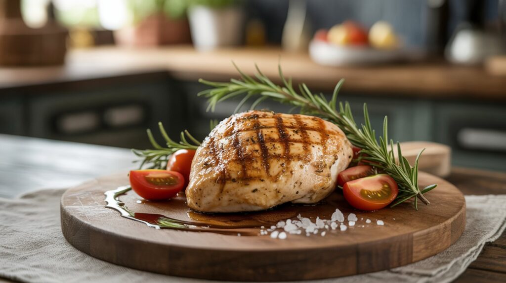 A photograph of a beautifully plated organic chicken dish centered on a rustic wooden board. The chicken breast boasts a rich golden-brown color and visible grill marks, artfully arranged alongside sprigs of rosemary and vibrant cherry tomatoes. A drizzle of balsamic glaze and a scattering of flaky sea salt accent the dish, while a blurred background reveals a linen tablecloth and a dimly lit farmhouse kitchen. Soft, warm lighting highlights the textures of the chicken and herbs, creating an inviting and appetizing scene.