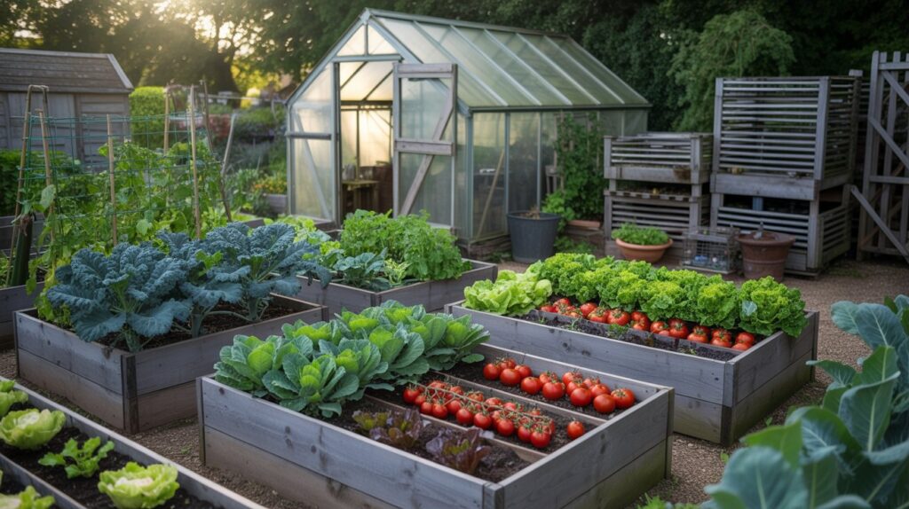 A photograph of a bountiful British home garden with raised vegetable beds as the central focus. Neat rows of vibrant green kale, plump red tomatoes, and leafy lettuces fill the raised beds, showcasing a colorful variety of fresh produce. A charming, weathered greenhouse stands in the background, alongside a tidy composting area with stacked wooden bins, adding to the rustic appeal of the garden scene. Soft, diffused sunlight illuminates the scene, creating a warm and inviting atmosphere.