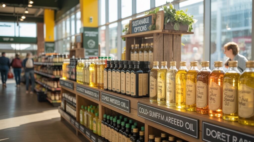 A photograph of a brightly lit aisle within a British supermarket, showcasing various cooking oils with "Sustainable Options" clearly highlighted via shelf labels. The focal point is a rustic wooden stall, styled like a local farmers market, displaying artisanal oils in vintage glass bottles with handwritten labels such as "Cold-Pressed Sunflower Oil" and "Dorset Rapeseed Oil". Sunlight streams through the large windows, illuminating the colorful rows of oil bottles and creating a warm, inviting atmosphere. The background features blurred shoppers and neatly stacked shelves, reinforcing the bustling supermarket environment.