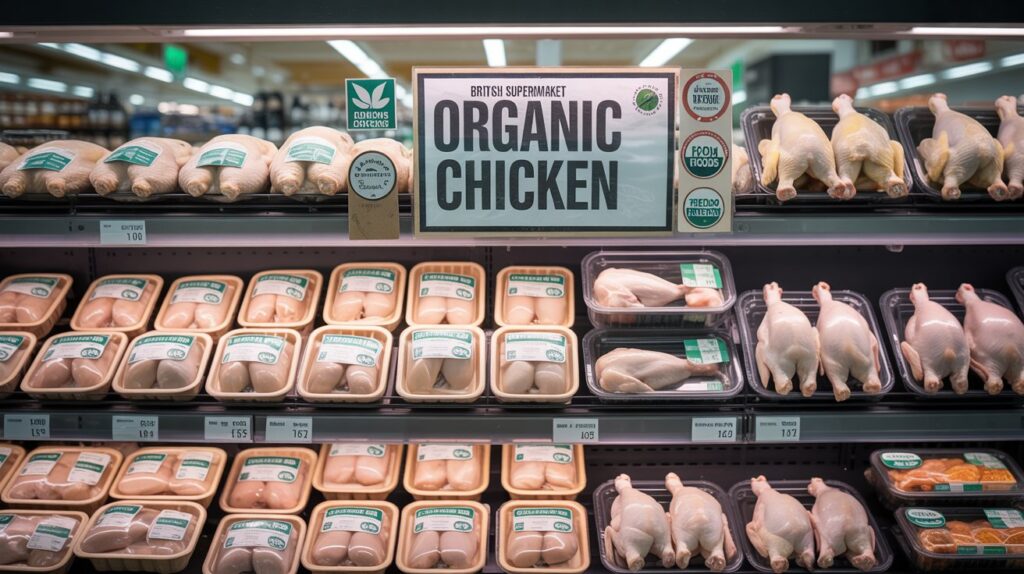 A photograph of a brightly lit British supermarket's organic chicken section, showcasing a variety of brands and cuts neatly arranged on refrigerated shelves. "British Supermarket Organic Chicken" is clearly displayed on a prominent sign above the display, with various certification labels such as "Soil Association" and "Freedom Foods" visible on the packaging. Different cuts of chicken&mdash;whole birds, breasts, thighs, and drumsticks&mdash;are presented in clear, recyclable containers, each displaying prices and nutritional information. Soft, diffused lighting illuminates the scene, highlighting the fresh appearance of the poultry and creating a clean, modern aesthetic.