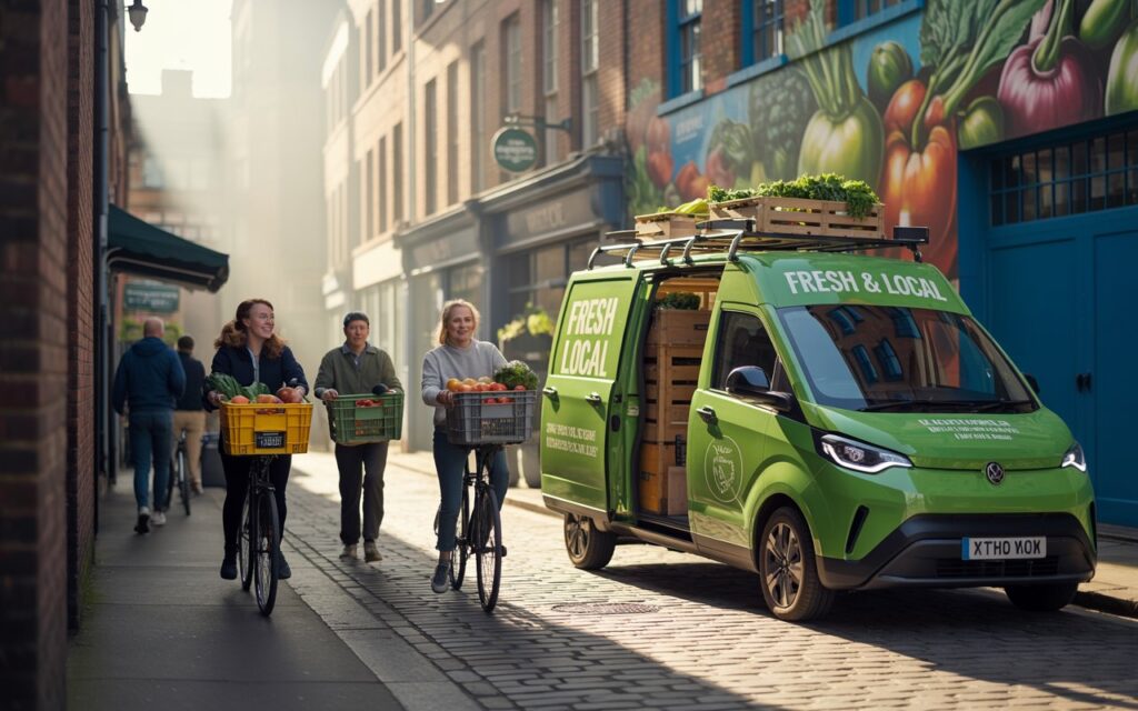 "Sustainable food distribution hub in a British city using electric vehicles for last-mile delivery"