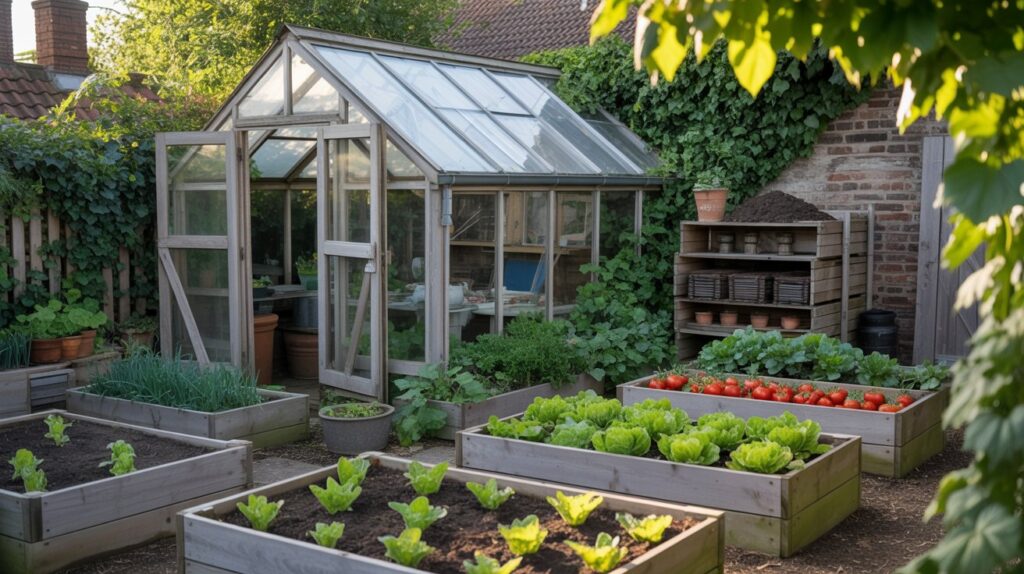 A photograph of a charming British home garden, centered around a series of raised wooden beds brimming with vibrant vegetables like tomatoes, lettuce, and carrots. A weathered greenhouse with glass panes stands to the side, partially covered in climbing ivy, while a neatly organized composting area with stacked wooden bins sits nearby. Sunlight filters through the leaves, casting dappled shadows across the scene, highlighting the rich green foliage and the earthy tones of the garden structures. The scene exudes a sense of peaceful domesticity and sustainable living, perfectly capturing the essence of a British garden.