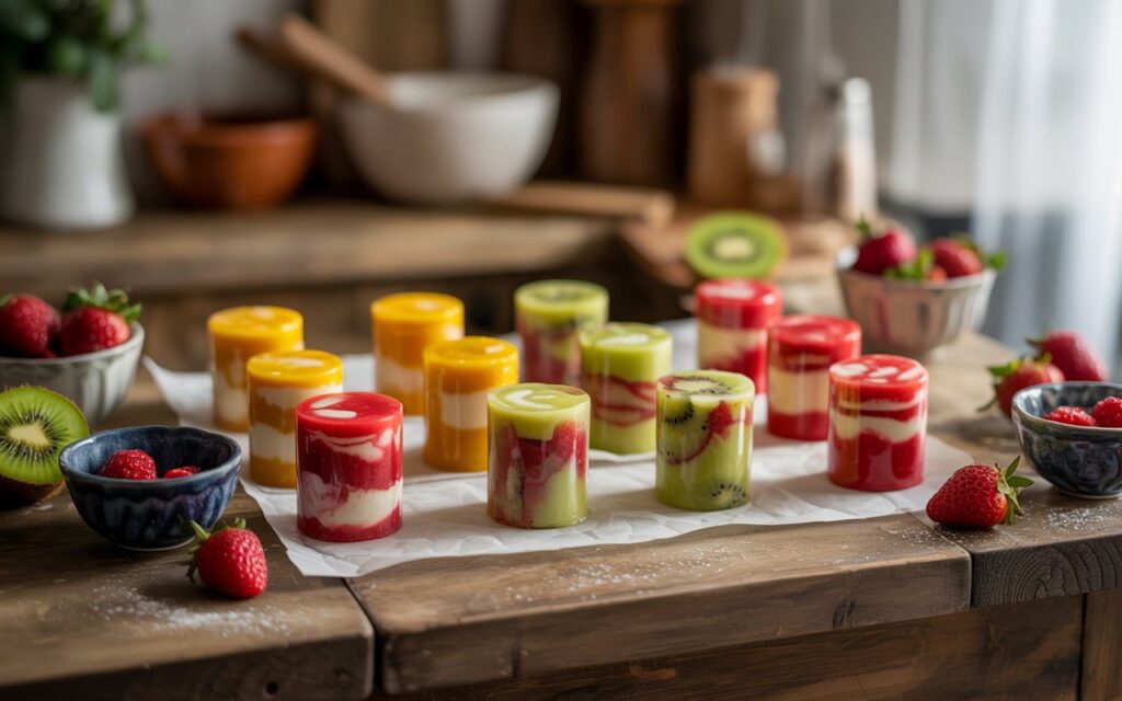 "Different variations of homemade fruit snacks including layered, swirled, and filled options in various colours"