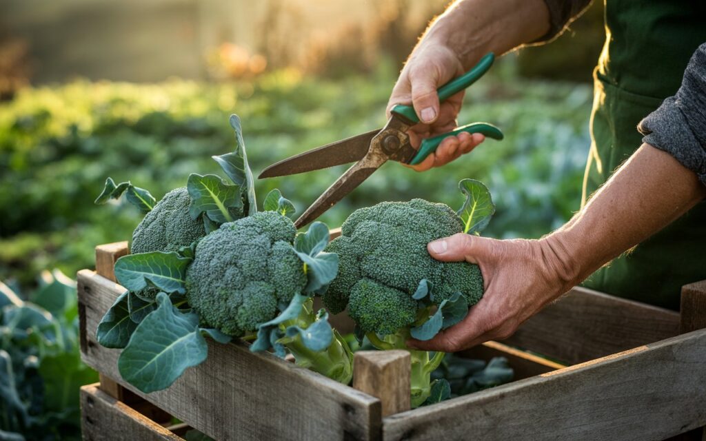 "Fresh broccoli being harvested with garden shears, showing both main heads and side shoots at perfect harvesting stage"