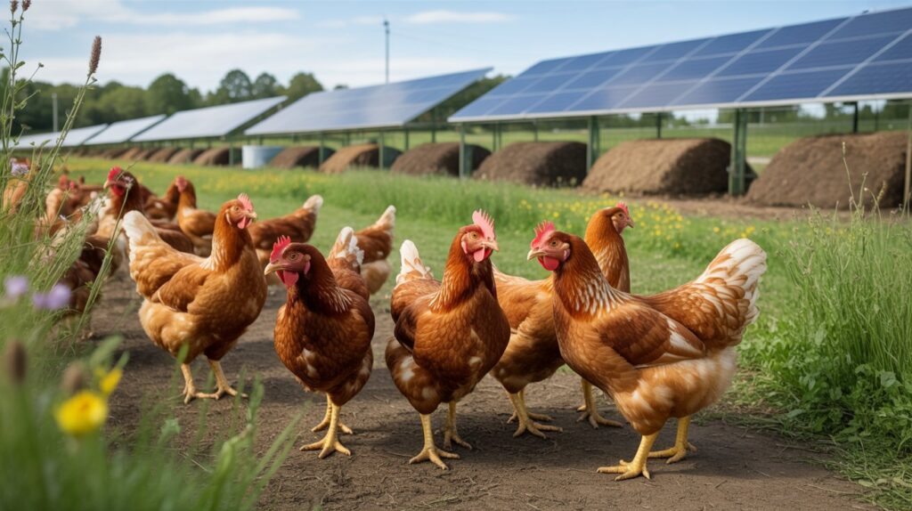 A photograph of a flourishing sustainable organic farm showcasing a flock of golden brown chickens freely roaming in a lush green pasture. The chickens are pecking at the earth, surrounded by vibrant wildflowers and tall grasses, with a few displaying bright red combs and yellow legs. In the background, neatly arranged solar panels gleam under a clear blue sky, alongside designated composting areas with layers of brown leaves and green clippings, exemplifying eco-friendly practices. Soft sunlight bathes the scene, creating a warm and inviting atmosphere.