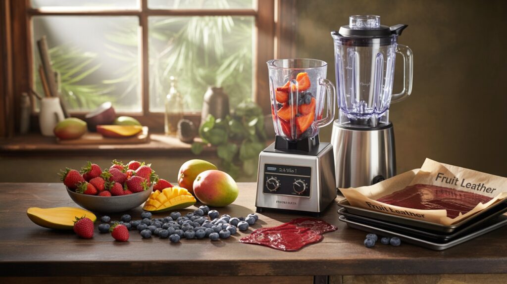 How to Make Homemade Fruit Leather: Healthy Natural Snacks Homemade Fruit Leather,fruit roll-ups,fruit leather A photograph of a meticulously arranged still life showcasing the ingredients and tools for making fruit leather. A vibrant array of fresh fruits—strawberries, blueberries, and mangoes—are artfully arranged beside a professional-grade blender and several baking trays lined with parchment paper that reads "Fruit Leather". Sunlight streams through a nearby window, illuminating the scene and highlighting the textures of the fruit and the stainless steel appliances, creating a warm and inviting atmosphere. The backdrop is a rustic wooden counter, adding a touch of natural charm to the composition.