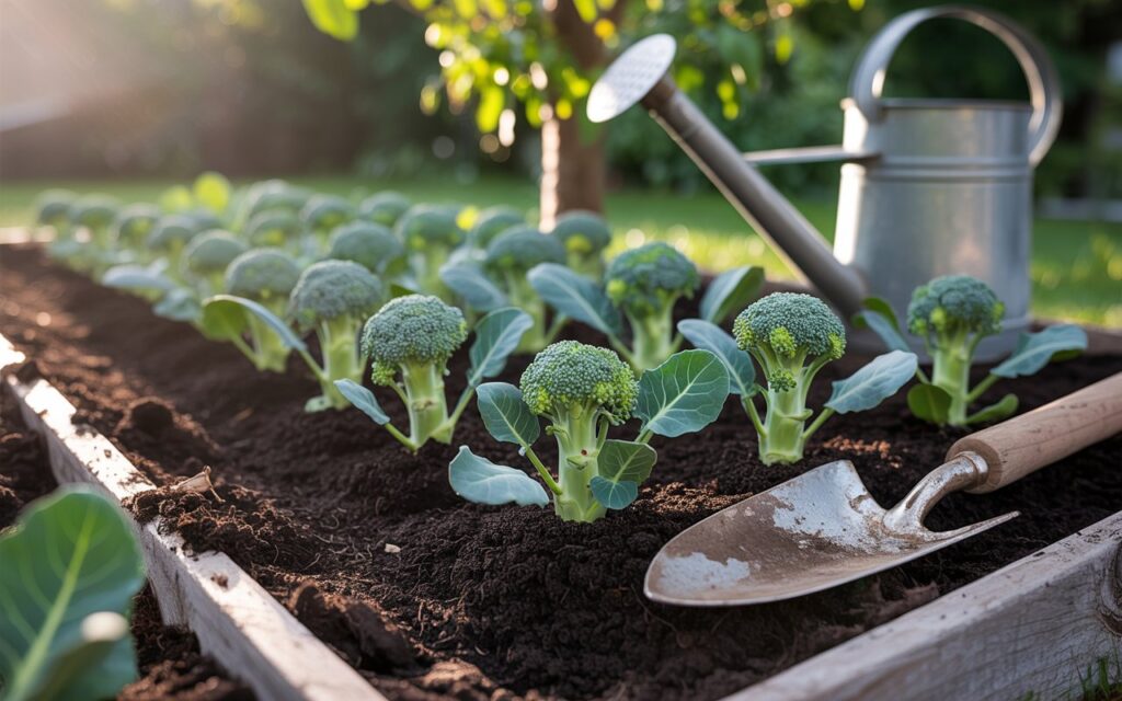 "A well-prepared garden bed with rich soil, compost being added, and broccoli seedlings ready for planting"