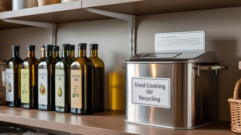 A photograph of a neatly organized pantry showcasing a proper oil storage setup. Several dark amber glass bottles labeled "Olive Oil" "Avocado Oil" and "Grapeseed Oil" stand in a row on a wooden shelf, reflecting soft light. Beside them is a stainless steel collection bin with a clearly visible label reading “Used Cooking Oil Recycling” with a small instruction sign nearby. The pantry’s cool, neutral-toned walls and simple wooden shelves contribute to a clean and functional atmosphere, softly lit by an overhead fixture.