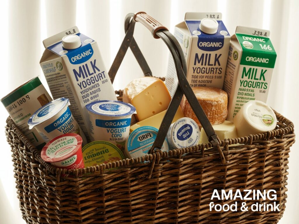 "Shopping basket filled with various organic dairy products available in UK supermarkets with price comparisons"