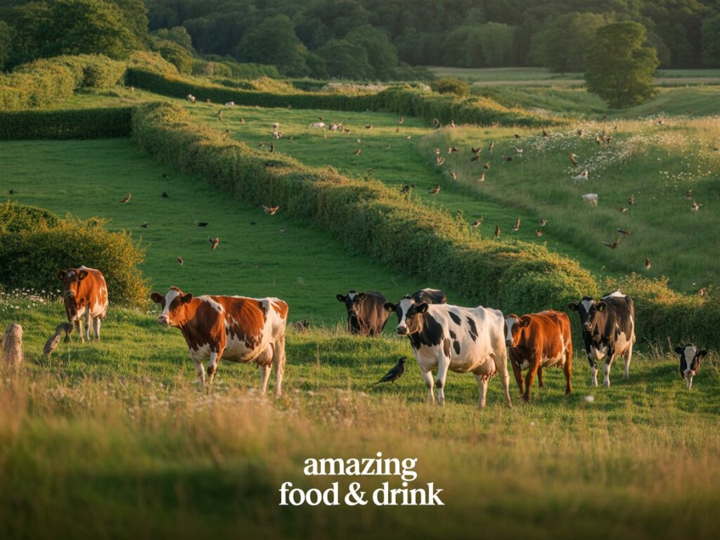 "Sustainable organic dairy farm showing diverse pastures, hedgerows, and wildlife habitat alongside grazing cows"with "Amazing Food & Drink" at the footer in a small text
