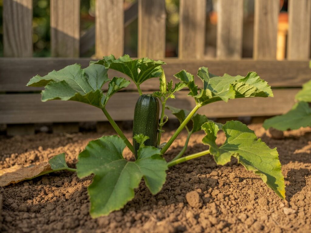 A photograph of a single, vibrant courgette plant thriving in a sun-drenched garden. The plant's leaves are a deep, healthy green, with a young courgette nestled amongst them, displaying a rich dark green color with subtle ridges. Rich, dark brown soil, clearly well-prepared and showing signs of excellent drainage, surrounds the plant's base, and a weathered wooden garden fence provides a blurred, rustic backdrop. Warm, golden sunlight bathes the scene, highlighting the textures of the leaves and the courgette itself.