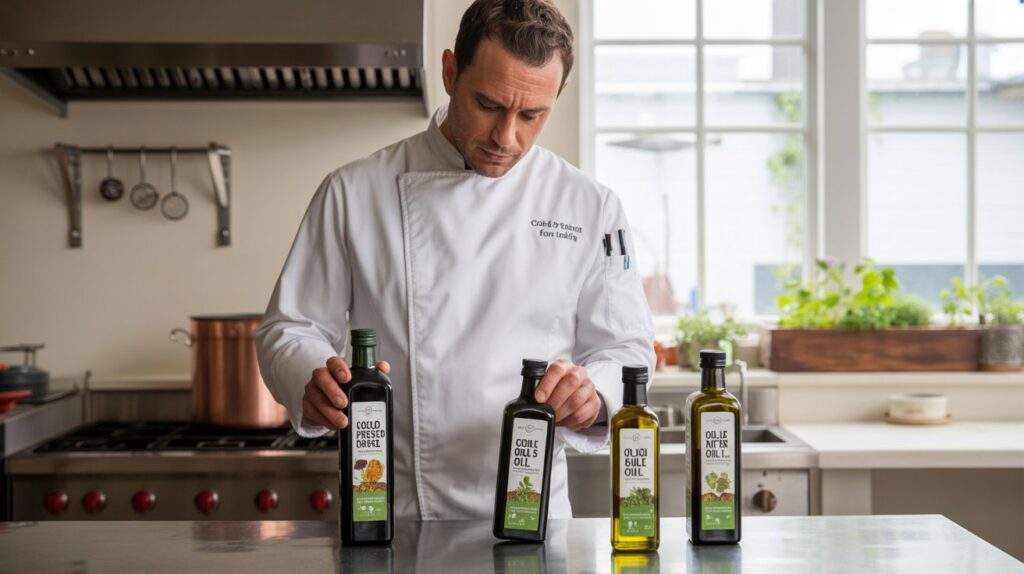 A photograph of a skilled chef standing in a bright, modern kitchen, meticulously selecting different sustainable oils for various cooking techniques. He is wearing a crisp white chef's jacket and has a focused expression as he holds a bottle of "cold-pressed oil for dressing" in one hand, while a bottle of rapeseed oil and olive oil sit on a stainless steel counter beside him. The kitchen features a stainless steel stovetop, a copper pot hanging overhead, and a window showing a small herb garden outside. Soft, natural light streams through the window, highlighting the chef and the vibrant colors of the oils.