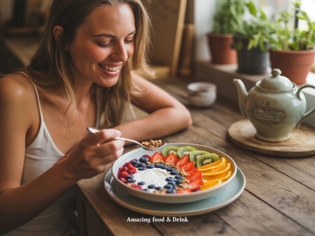 "Person enjoying organic dairy products as part of a healthy meal with fresh fruits and vegetables" with "Amazing Food & Drink" at the footer in a small text