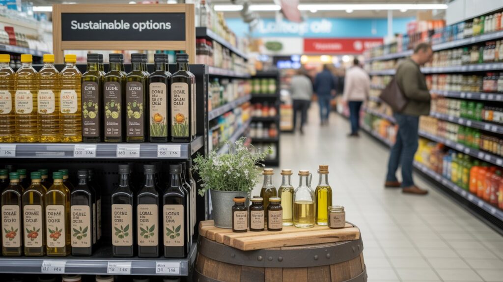A photograph of a vibrant British supermarket aisle dedicated to cooking oils, with a dedicated section highlighting "sustainable options". Several bottles of olive oil, sunflower oil, and rapeseed oil stand neatly on shelves, with some displaying labels indicating “local farm”. In the foreground, a small, rustic stall mimics a farmer's market, showcasing artisanal oils in antique glass bottles and wooden barrels, under soft, diffused lighting. The background features blurred rows of other supermarket products and shoppers, creating a sense of a bustling, modern grocery store environment.