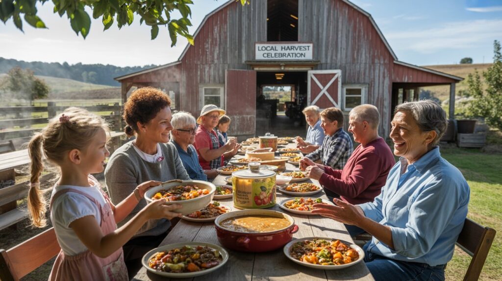 A photograph of a vibrant community gathering taking place on the sprawling porch of a weathered, red barn. Several people of various ages are seated at long wooden tables laden with colorful dishes overflowing with fresh produce and homemade baked goods &ndash; a sign reads "Local Harvest Celebration". A young girl with pigtails offers a bowl of steaming vegetable stew to an elderly woman with a warm smile, while sunlight streams through the leaves of nearby apple trees, creating dappled shadows across the scene. The backdrop showcases rolling hills of farmland under a clear blue sky, evoking a feeling of warmth and connection.