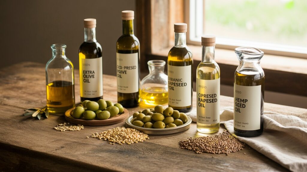 A photograph of an arrangement of various sustainable cooking oils displayed on a rustic wooden table. Several glass bottles labeled with "Extra Virgin Olive Oil" "Cold-Pressed Rapeseed Oil" and "Organic Hemp Seed Oil" are arranged alongside small piles of their corresponding source ingredients: plump green olives, golden rapeseed seeds, and brown hemp seeds. Soft natural light streams in from a nearby window, illuminating the textures of the wood and the sheen of the oil bottles, with a linen cloth providing a simple background. The composition is styled to convey authenticity and natural ingredients.