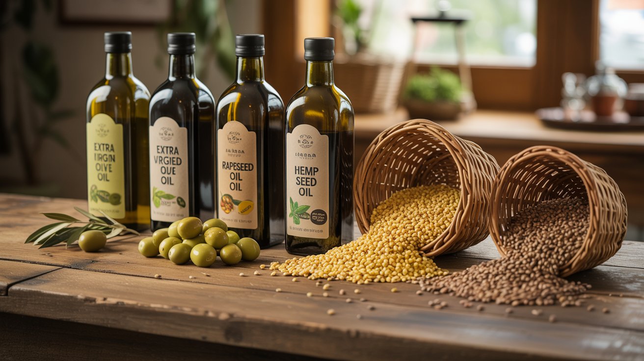 A photograph of an artfully arranged display showcasing various bottles of sustainable cooking oils. The bottles, labeled with "Extra Virgin Olive Oil", "Rapeseed Oil", and "Hemp Seed Oil", stand in a neat row on a rustic wooden table. Beside each bottle are its corresponding source ingredient: glistening green olives, vibrant yellow rapeseed seeds, and earthy brown hemp seeds spilling from woven baskets. Soft natural light streams in from a nearby window, highlighting the textures and colors of the oils, seeds, and wooden table creating a warm and inviting scene.