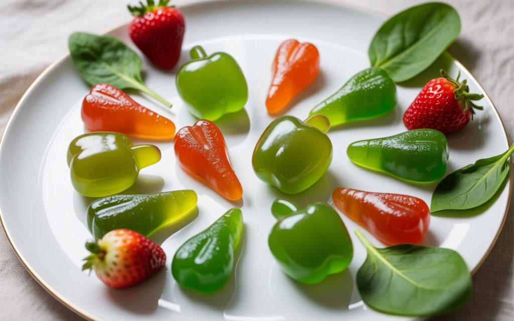 "Vibrant green and red fruit and vegetable gummies arranged on a white plate with fresh spinach leaves and strawberries"