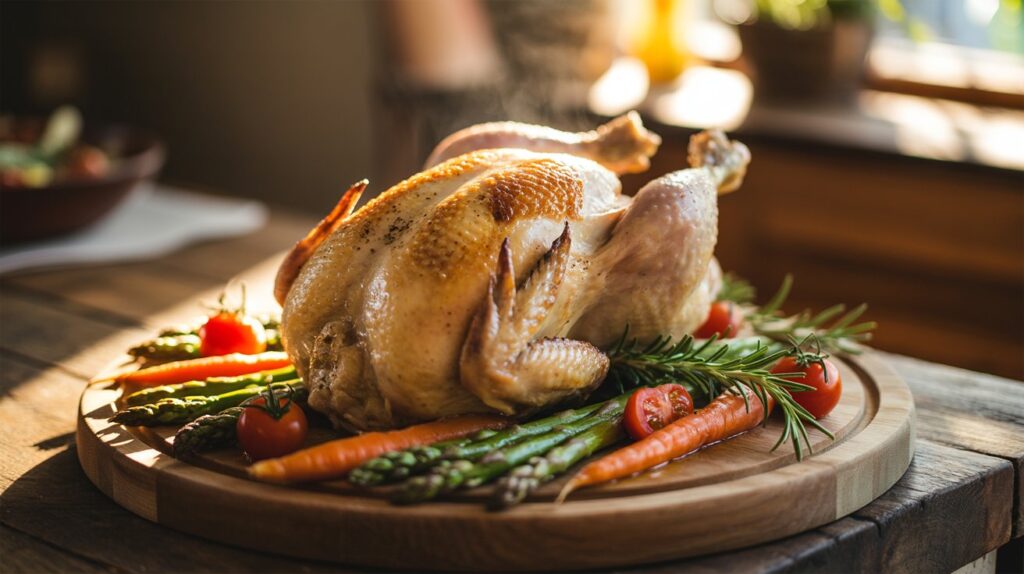 A photograph of "Beautifully prepared organic chicken dish" centered on a rustic wooden board. The golden-brown roasted chicken boasts crispy skin, showcasing the natural marbling of the meat alongside a scattering of fresh rosemary sprigs and vibrant cherry tomatoes. Surrounding the chicken are spears of grilled asparagus and baby carrots, all bathed in the warm glow of natural sunlight streaming in from a nearby window. The background is softly blurred, highlighting the textures of the wood grain and creating a cozy, inviting atmosphere.