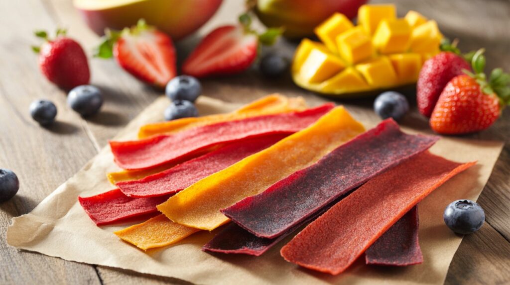 How to Make Homemade Fruit Leather: Healthy Natural Snacks Homemade Fruit Leather,fruit roll-ups,fruit leather A photograph of colorful strips of homemade fruit leather arranged artfully on a sheet of parchment paper. The fruit leather comes in vibrant shades of red strawberry, orange mango, and deep purple blueberry, each strip displaying a slightly uneven texture indicative of homemade preparation. In the softly blurred background, a selection of fresh fruits—ripe strawberries, juicy mango slices, and plump blueberries—are scattered on a rustic wooden surface. Soft, natural light illuminates the scene, highlighting the vibrant colors and the natural sweetness of the fruit.