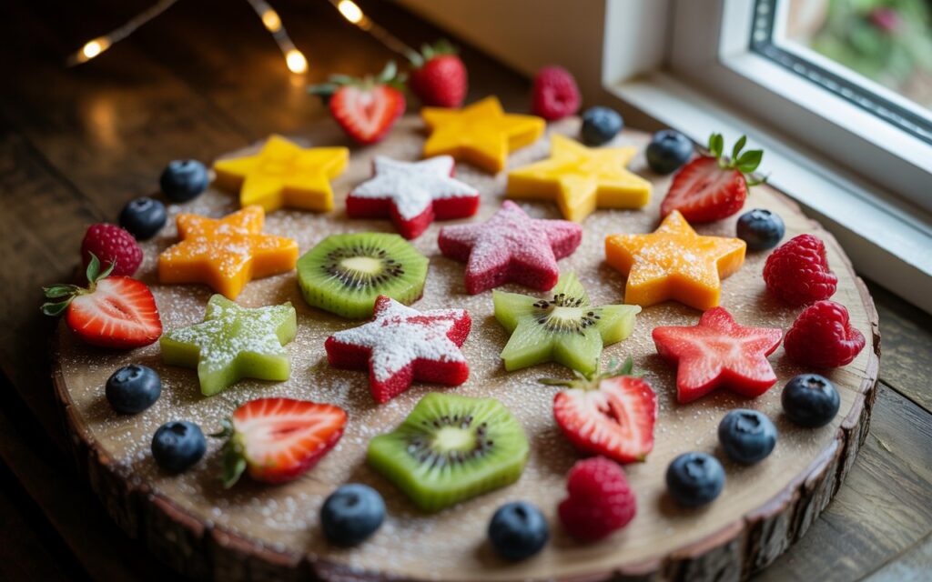 "Colourful homemade fruit snacks in various shapes on a wooden board alongside fresh berries"