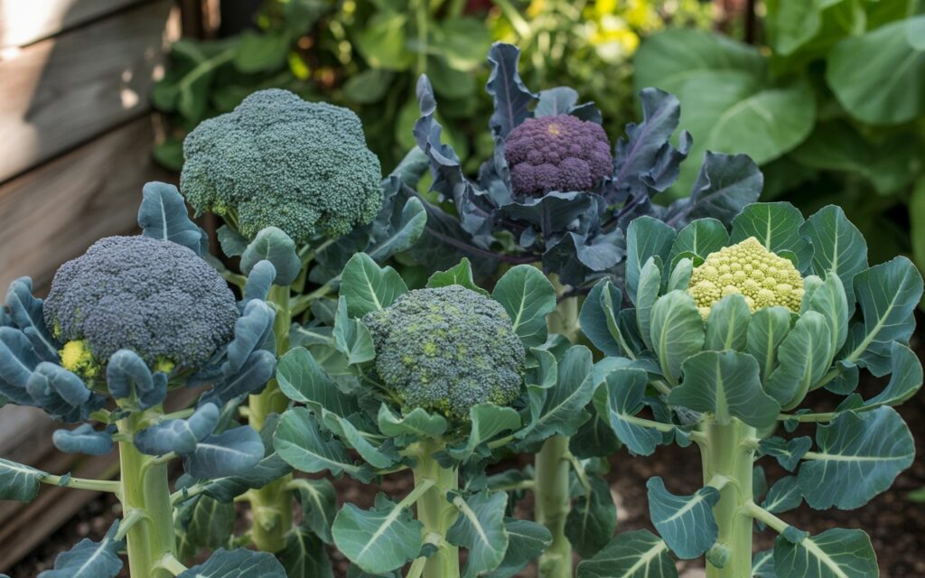 "Four different varieties of broccoli growing side by side showing distinctive characteristics in colour, head formation, and leaf structure"