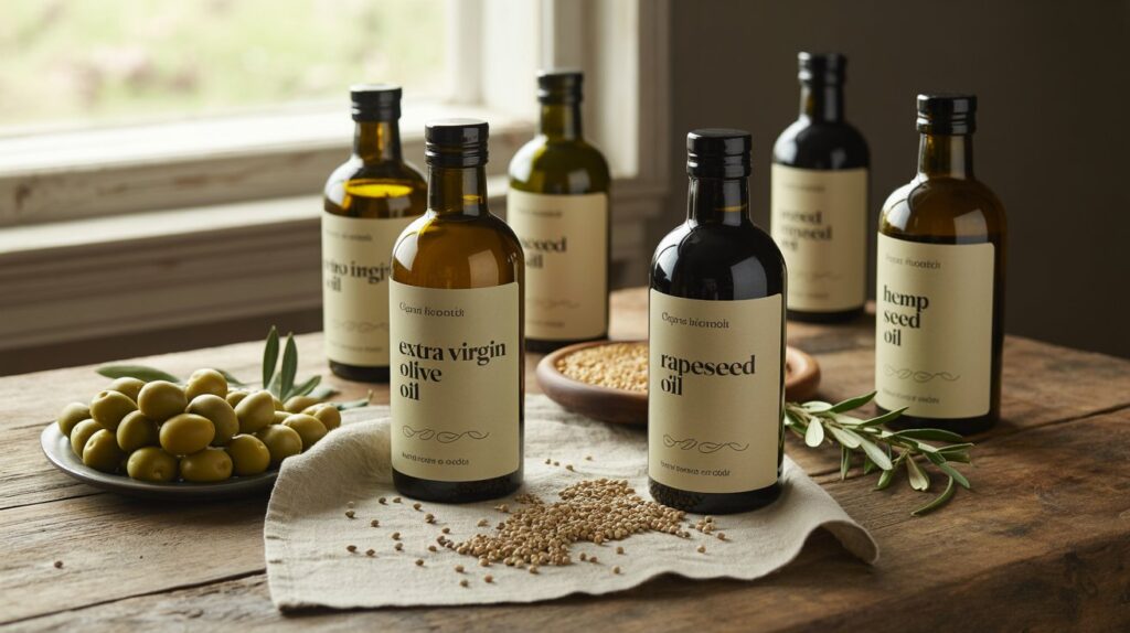 A photograph of several artisanal bottles of cooking oils arranged on a rustic wooden table, showcasing the concept of sustainable food sources. Each bottle, labeled with "Extra Virgin Olive Oil", "Rapeseed Oil", and "Hemp Seed Oil", is made of dark green glass and features minimalist, elegant typography. Surrounding the bottles are carefully curated ingredients: vibrant green olives, plump rapeseed seeds, and scattered hemp seeds arranged artfully on a linen cloth. Soft, natural light streams in from a nearby window, highlighting the textures of the ingredients and casting gentle shadows across the scene.