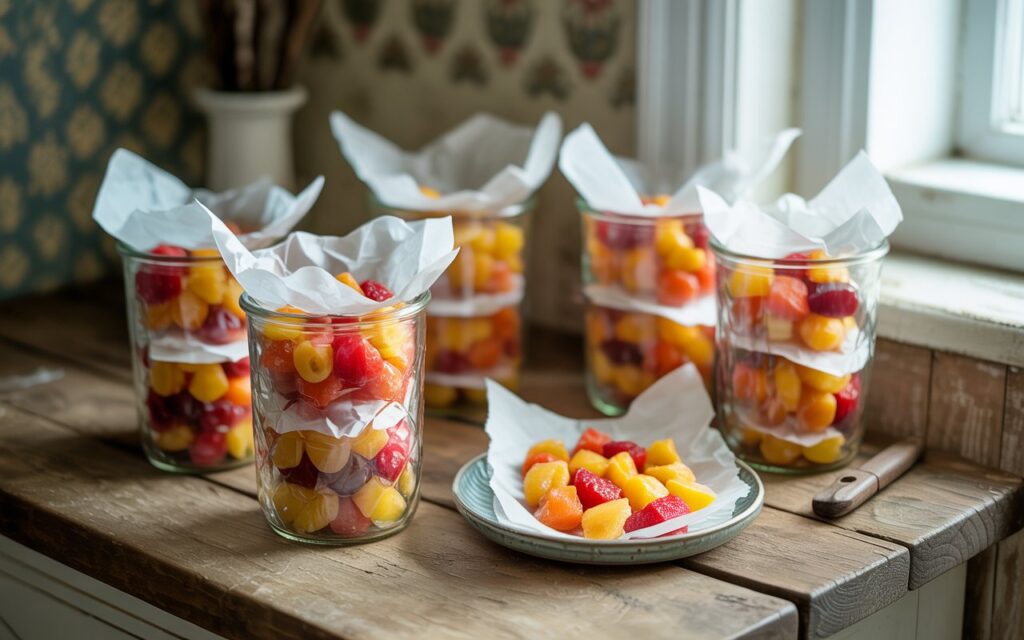 "Homemade fruit snacks stored in glass jars with wax paper between layers and a freshly opened container with snacks arranged on a small plate"
