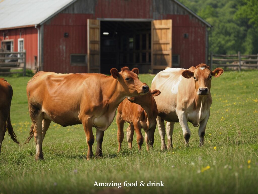 "Healthy organic dairy cows with access to open barns and pasture, showing natural behaviours in comfortable conditions"with "Amazing Food & Drink" at the footer in a small text