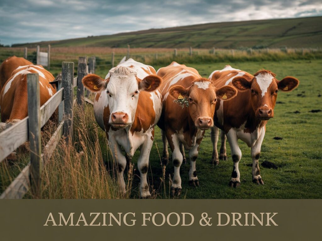 "Organic dairy cows grazing freely on lush green pastures in the British countryside" with "Amazing Food & Drink" at the footer
