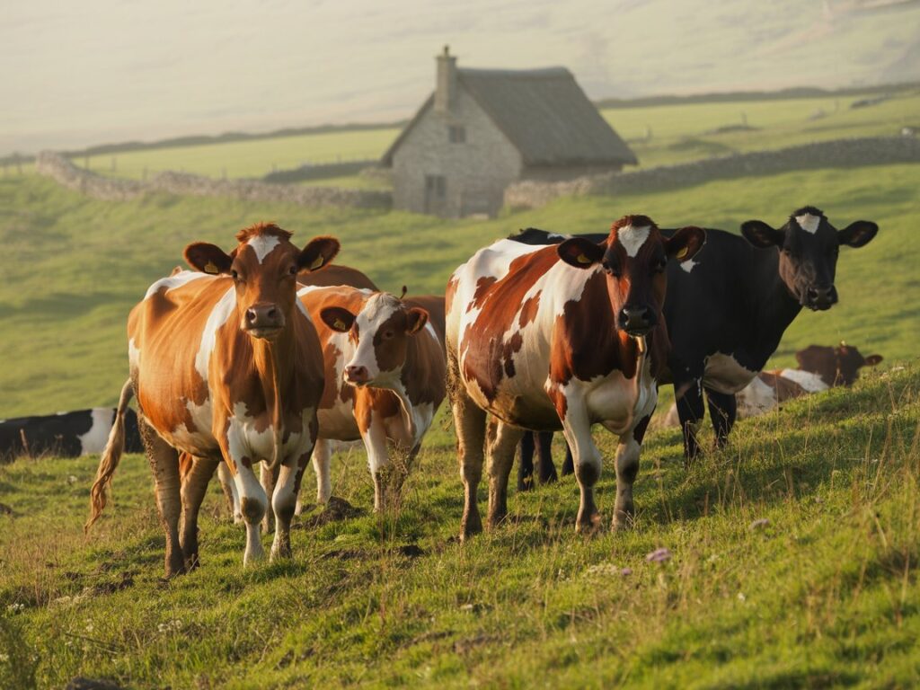 "Organic dairy cows grazing freely on lush green pastures in the British countryside"