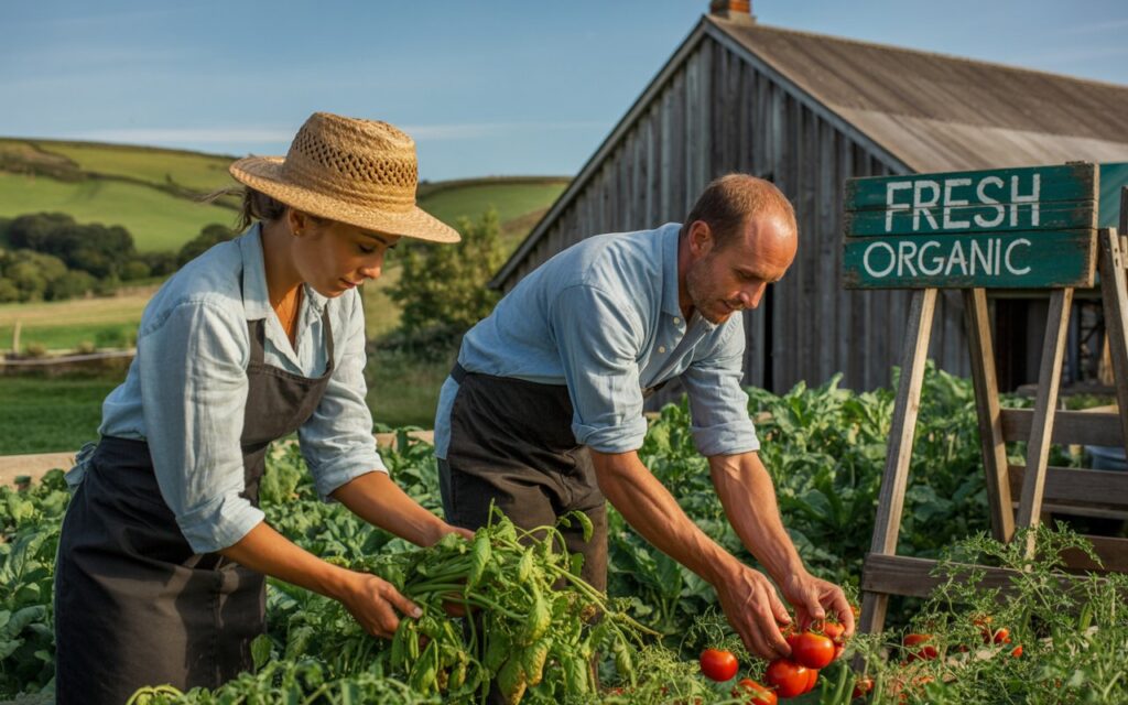 "Farm workers harvesting organic vegetables on a sustainable farm in the British countryside"