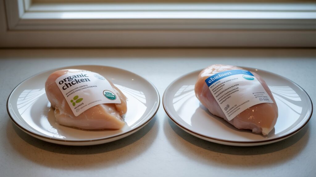 A photograph of two identical white plates side-by-side, each containing a cooked chicken breast. The plate on the left displays packaging labelled "Organic Chicken" with a clean, minimalist design and a short ingredient list, while the plate on the right showcases packaging with a lengthy list of additives and preservatives. Both chicken breasts are golden brown and slightly glistening under soft, diffused window light, highlighting the contrast in presentation and ingredients. A simple white countertop serves as the background, further emphasizing the clear distinction between the two options.