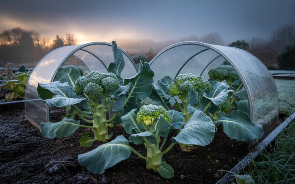 "Broccoli plants protected with cloches during a frosty morning with typical British overcast sky in the background"