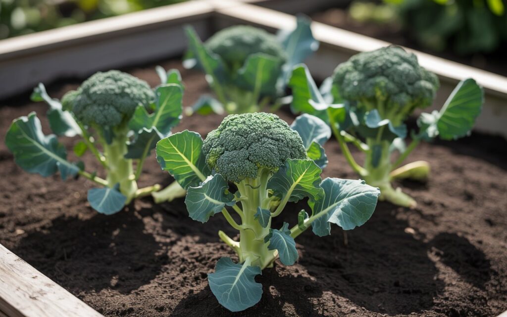 "Healthy broccoli plants growing in a raised garden bed with rich, dark soil and bright green heads forming"